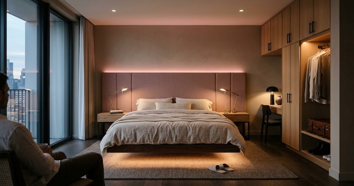 Layered Guestroom Lighting With Concealed RGB Accents Layered Guestroom Lighting With Concealed RGB Accents