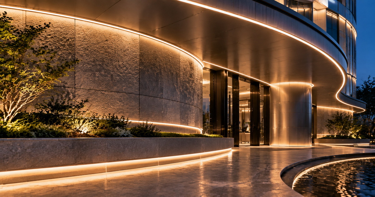 LED Linear Lighting Detail On Modern Facade جزئیات روشنایی خطی LED در نمای مدرن