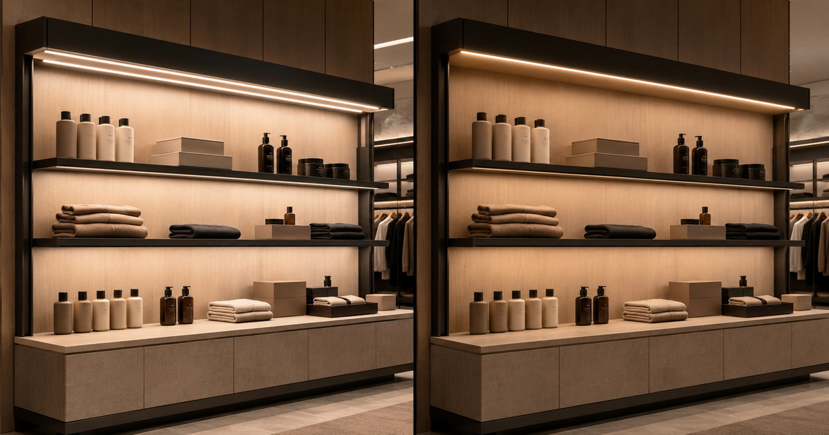 Double Depth Retail Valance Lighting Comparison مقایسه نورپردازی دوگانه با عمق دوگانه