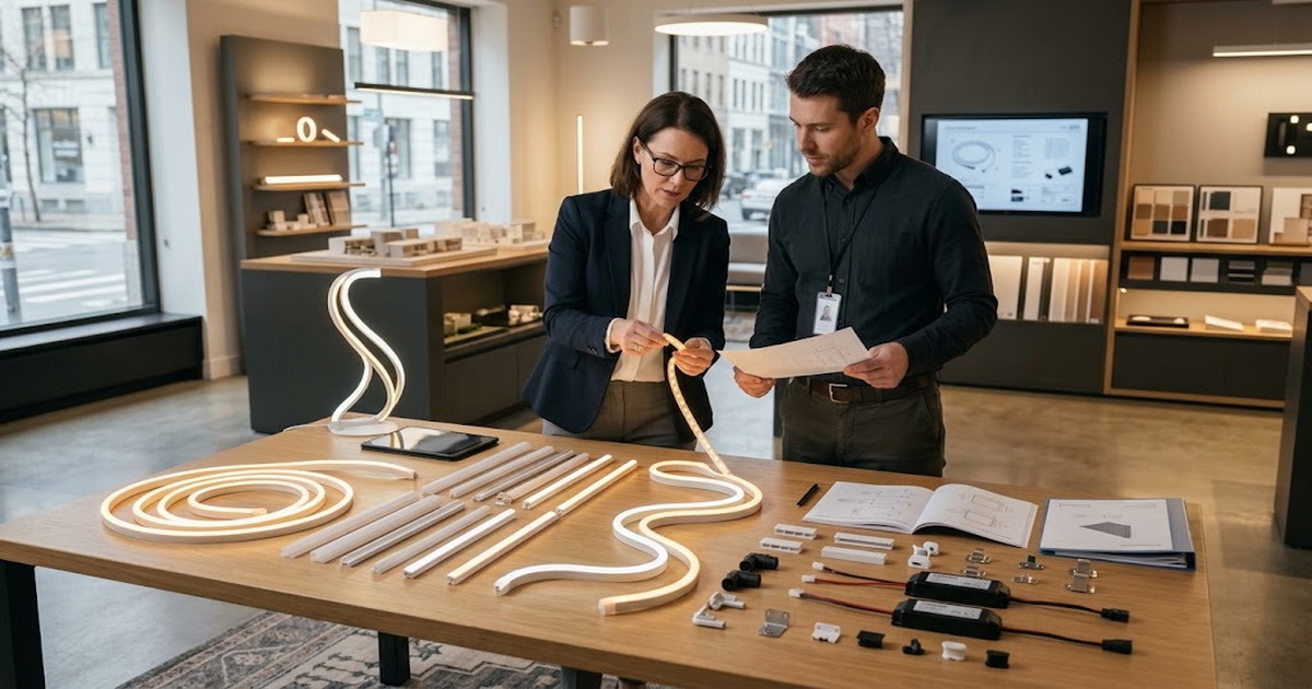 Professional Buyer Evaluating LED Neon Strip Samples